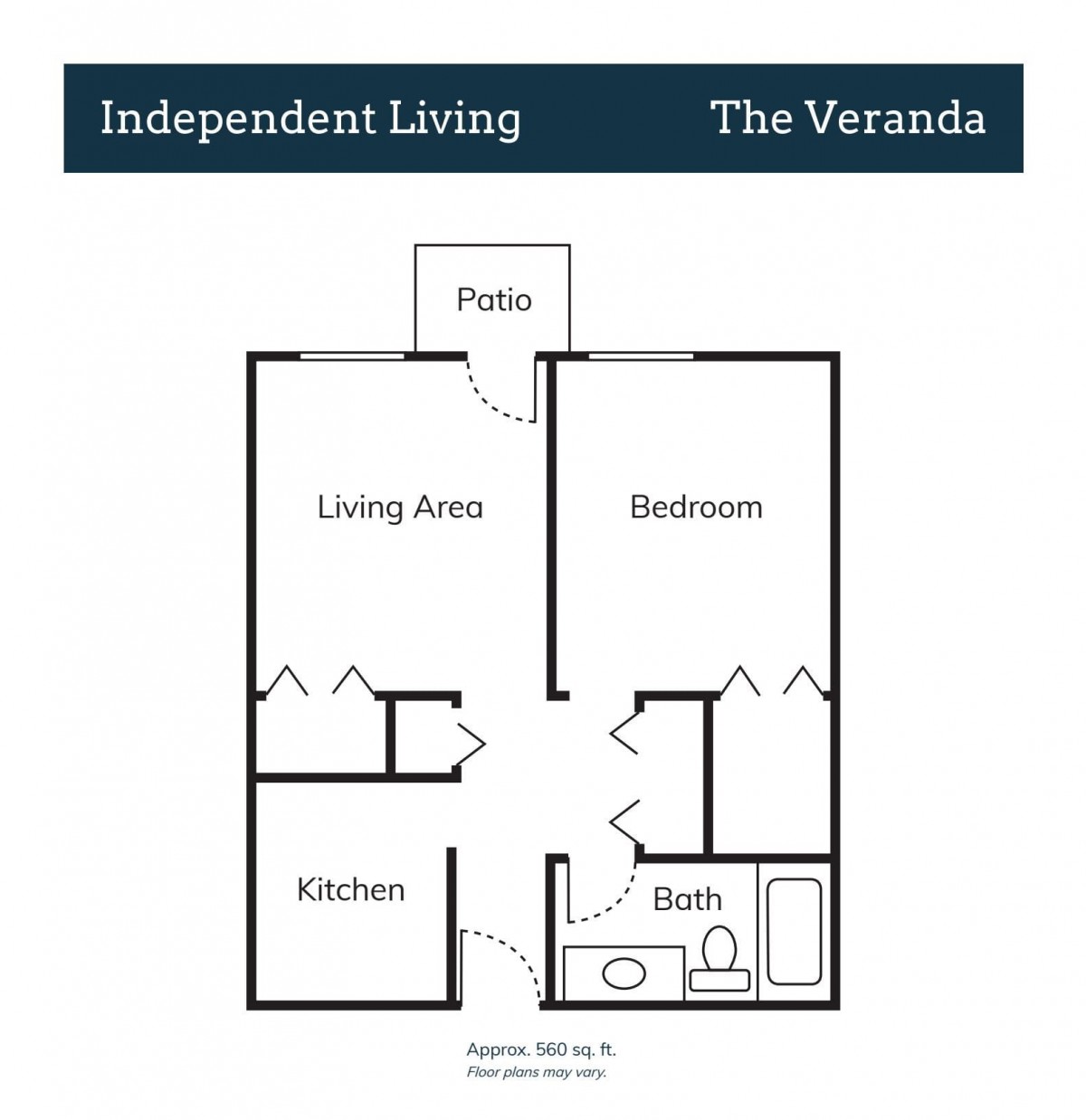 An independent living apartment floor plan named 'The Veranda', featuring a kitchen, living area, bedroom, bathroom, and patio.