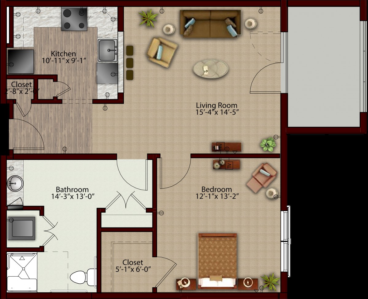 A floor plan of a two-bedroom apartment with kitchen, living room, and bathroom.