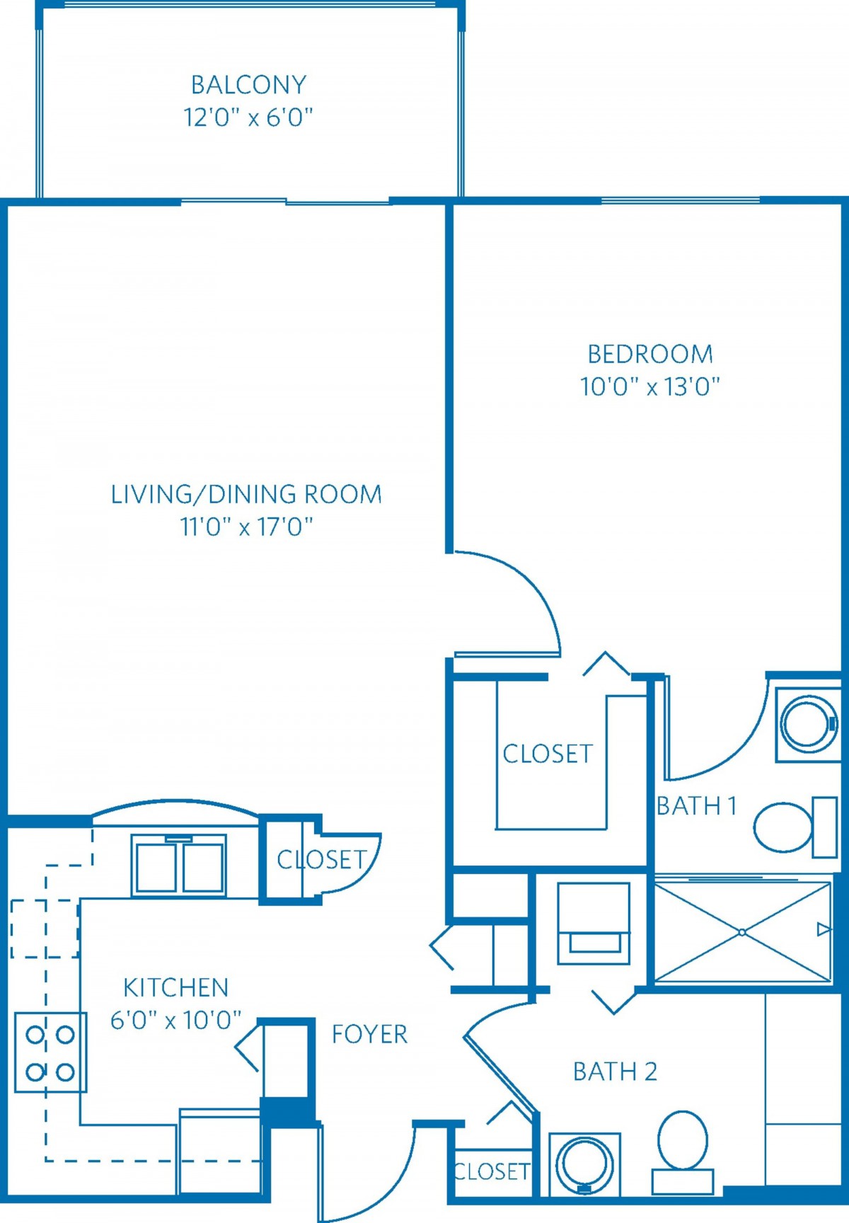 Blueprint of a one-bedroom apartment floor plan.