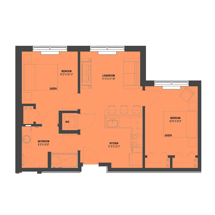 A detailed floor plan showcasing the layout of an apartment with marked rooms and spaces.