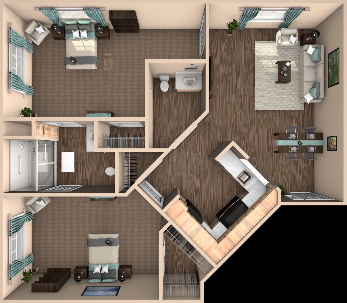 A detailed floor plan of a two-bedroom apartment with a kitchen, living room, and bathroom.