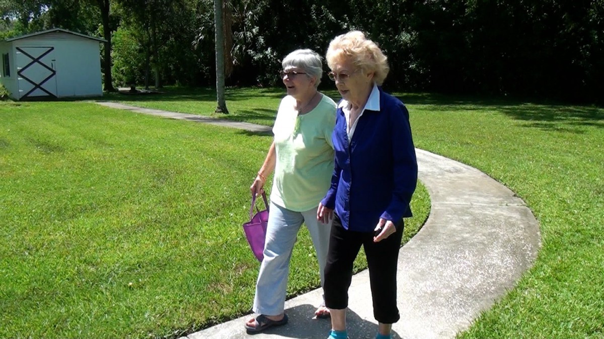 Two elderly individuals enjoying a walk in the park together.