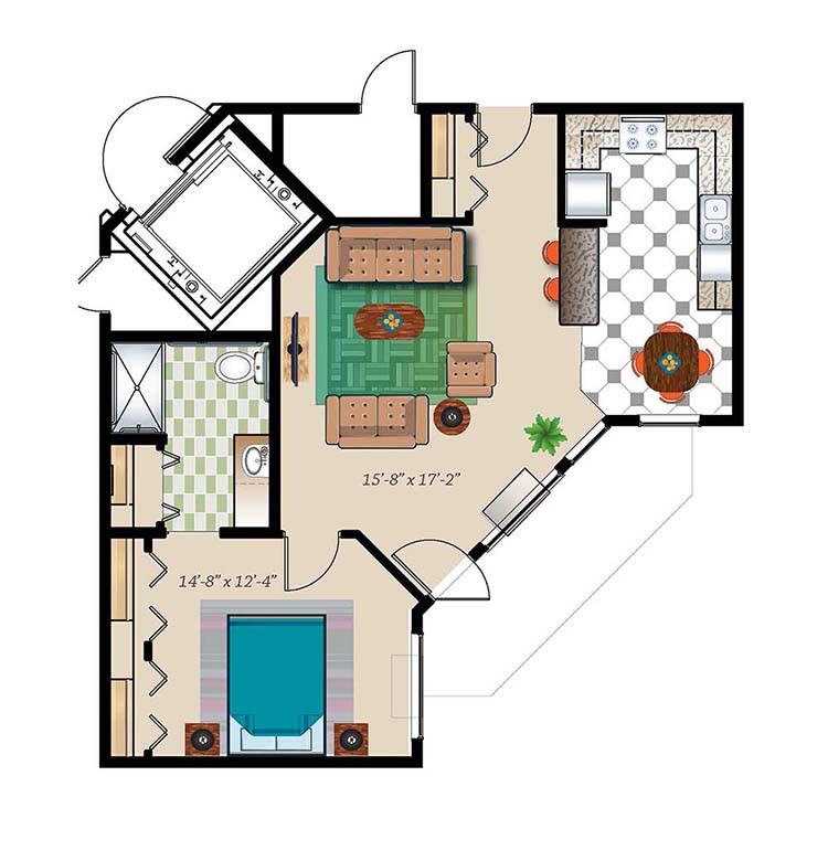 This image shows a floor plan of an apartment with a living room, kitchen, bedroom, and bathroom layout.