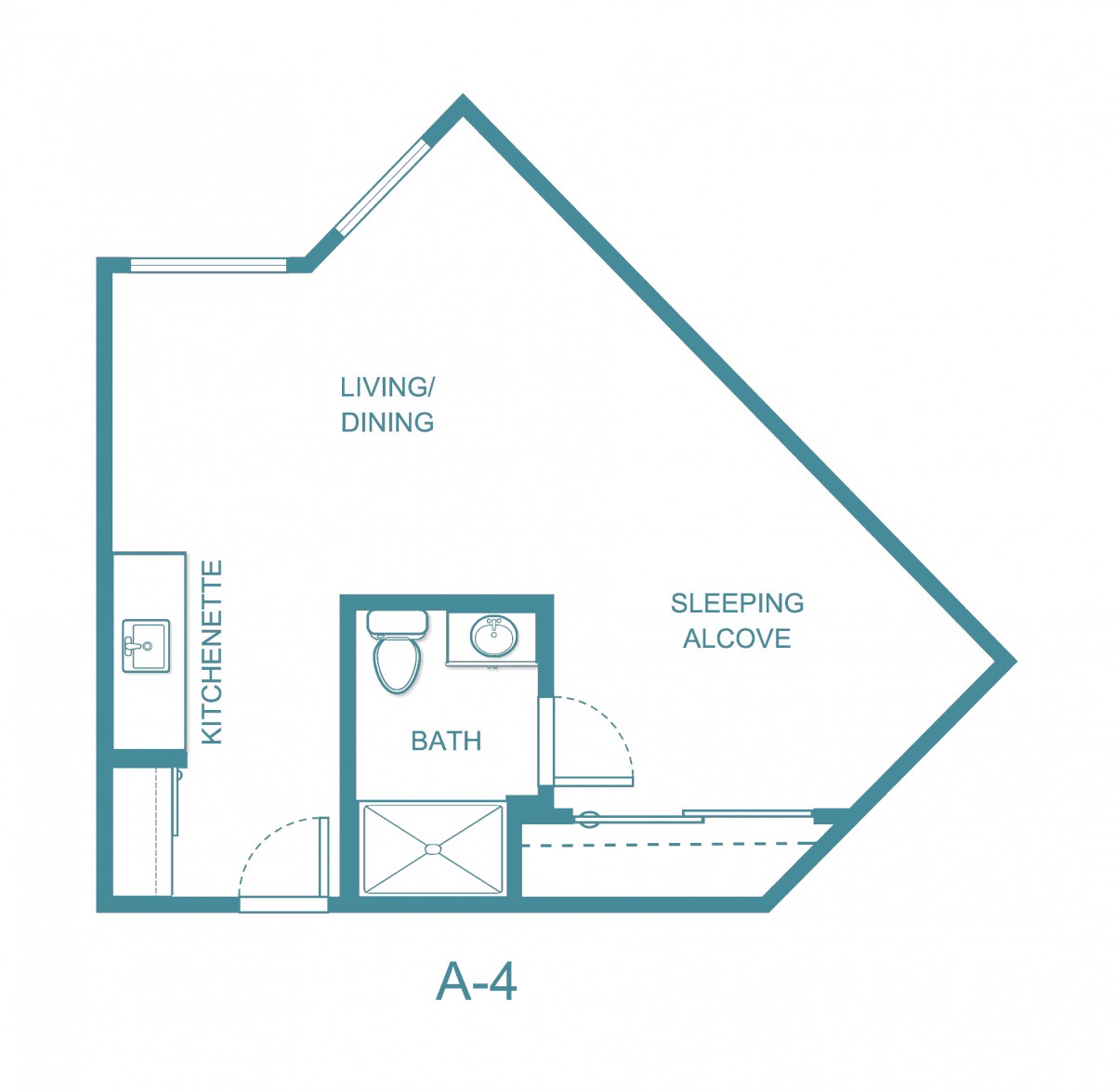 Blueprint of an apartment layout with labeled sections for living/dining, kitchenette, bath, and sleeping alcove.