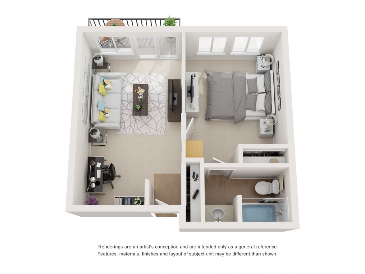 A 3D floor plan of a one-bedroom apartment showcasing an open living area, kitchen, bedroom, and bathroom.