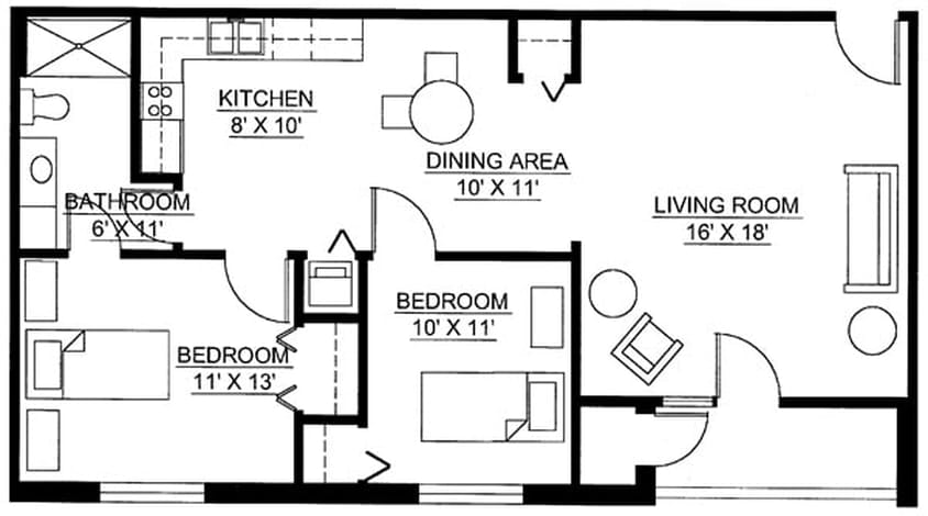 A floor plan of a one-bedroom apartment, featuring a kitchen, dining area, living room, and bathroom.