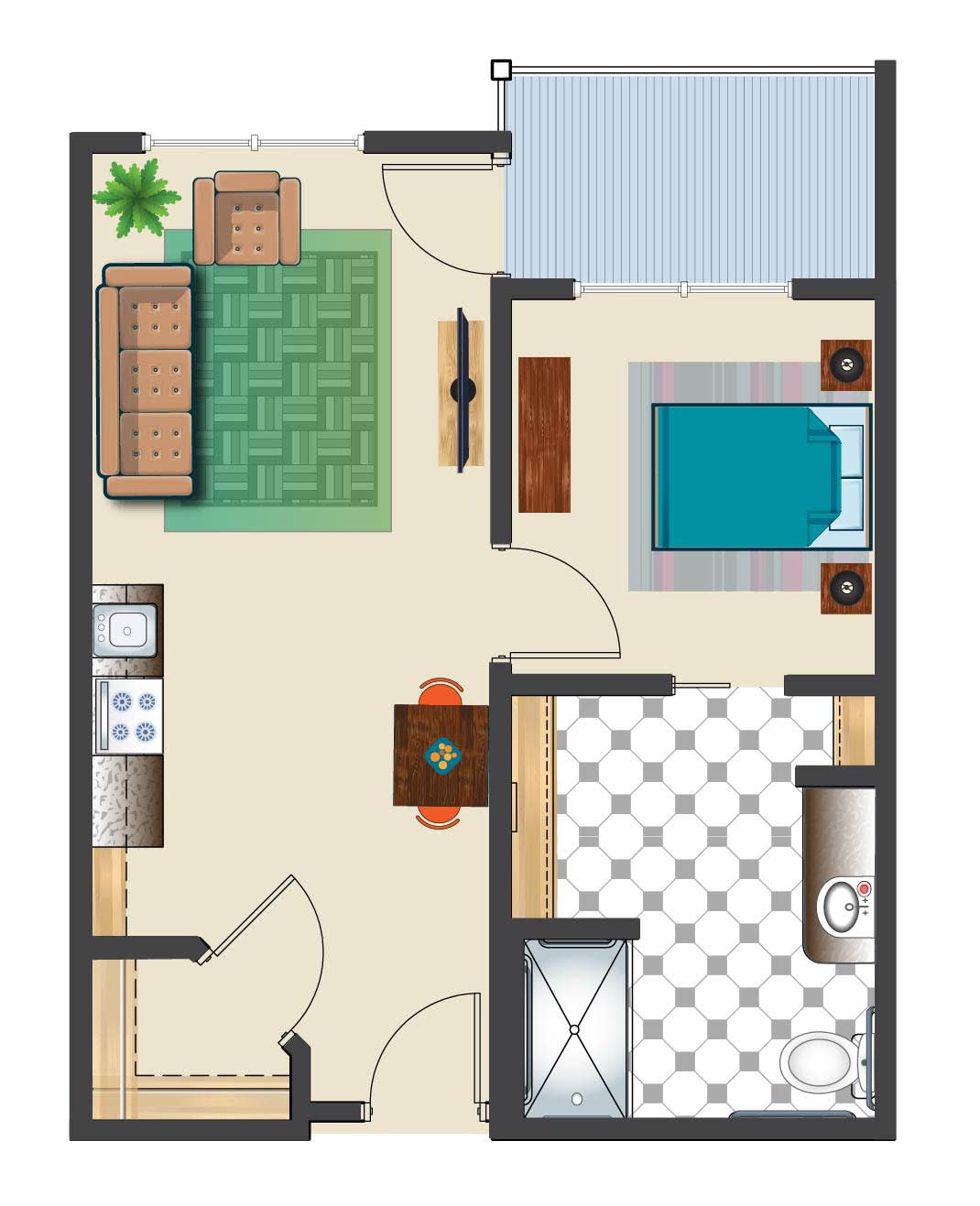 A simple floor plan of a one-bedroom apartment featuring a living room, kitchen, bathroom, and bedroom.