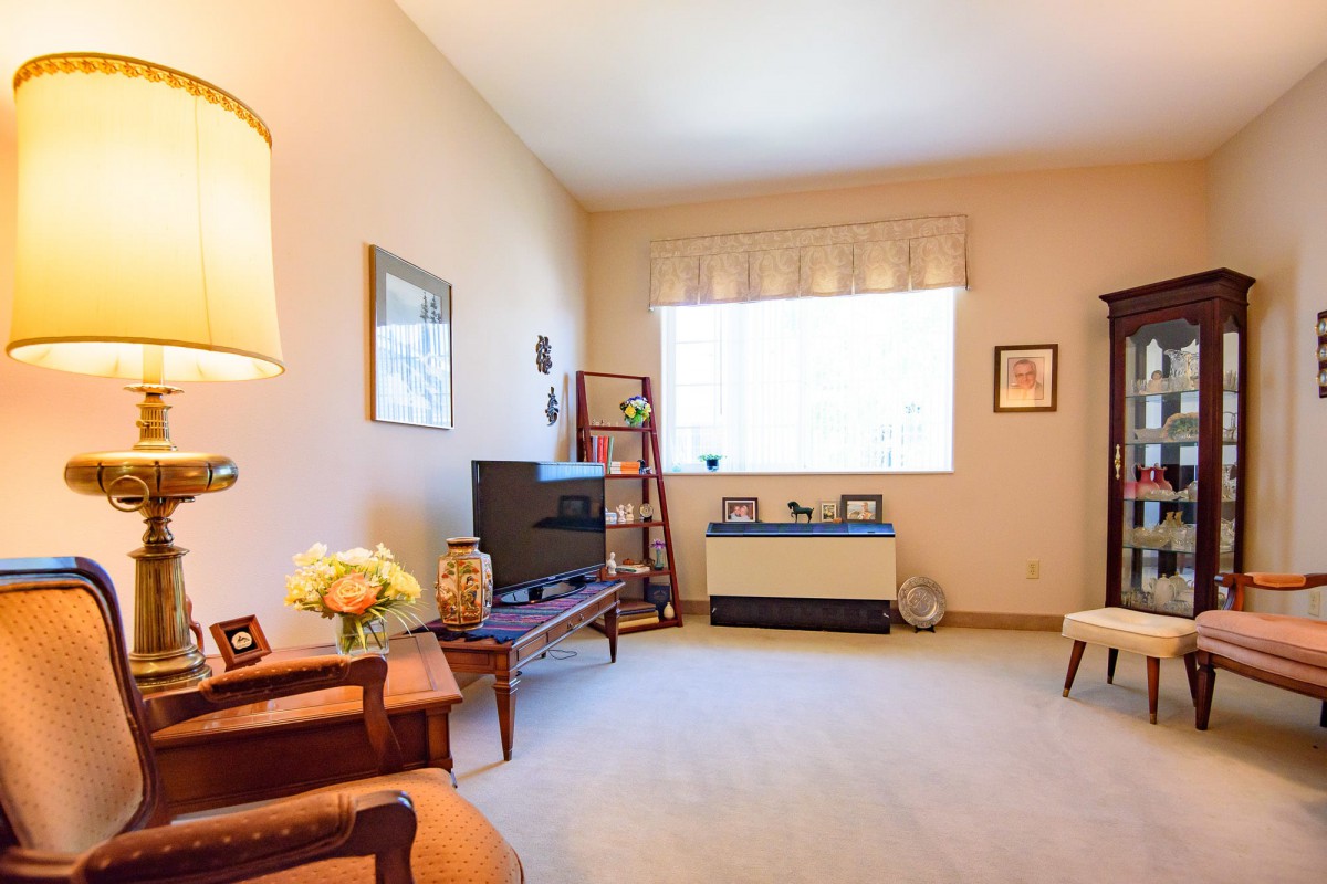 A cozy living room with a television, armchair, and decorative elements.