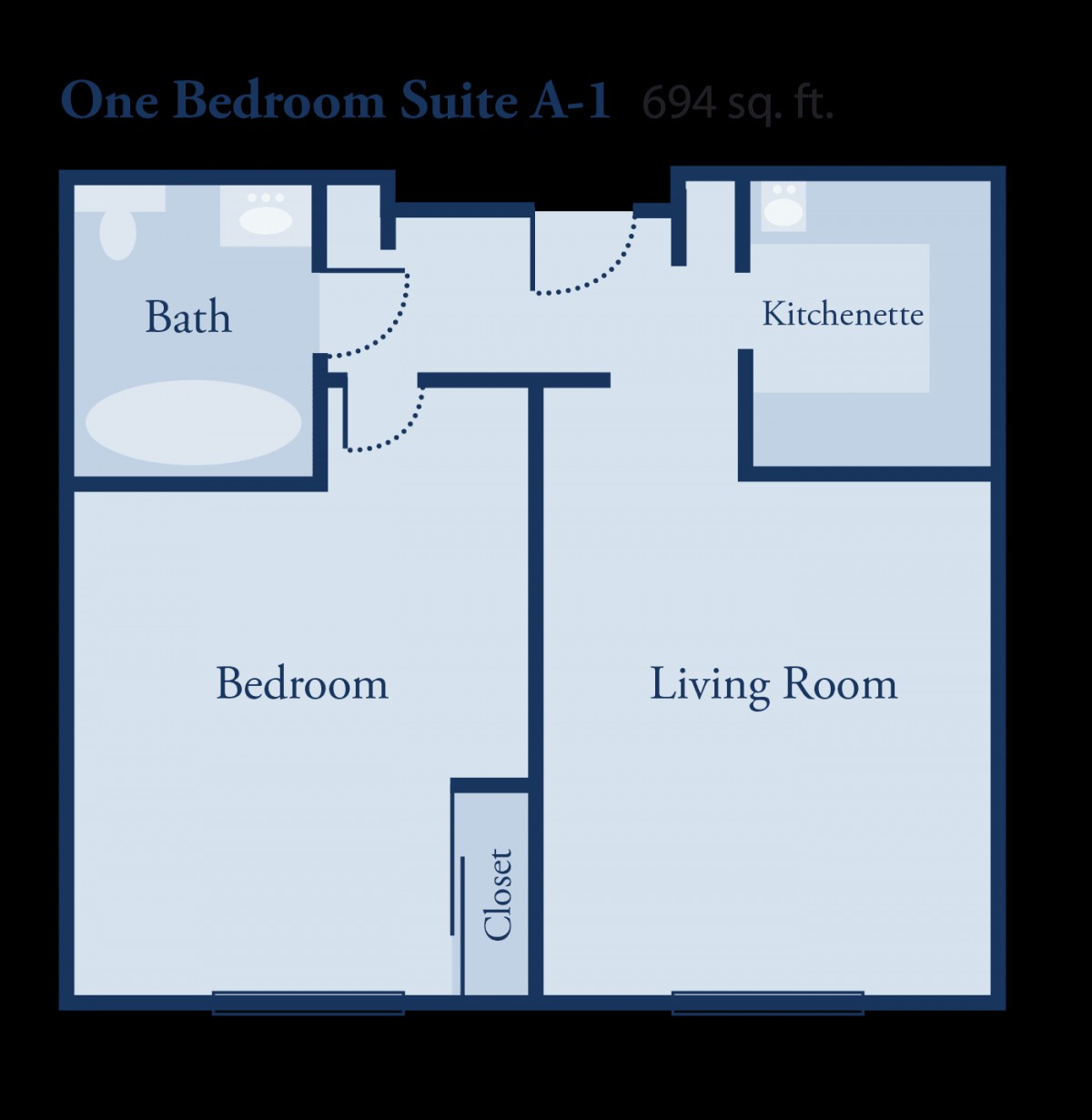 A floor plan of a one-bedroom suite featuring a living room, bedroom, bath, and entrance.