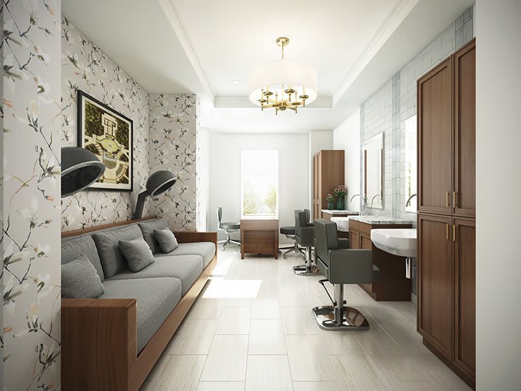 A stylish and modern interior with a mix of living room and salon elements, featuring a comfortable sofa, sleek chairs, mirrors, and a decorative chandelier.