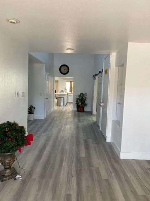 A modern hallway with sleek flooring and minimalist decor, featuring potted plants.