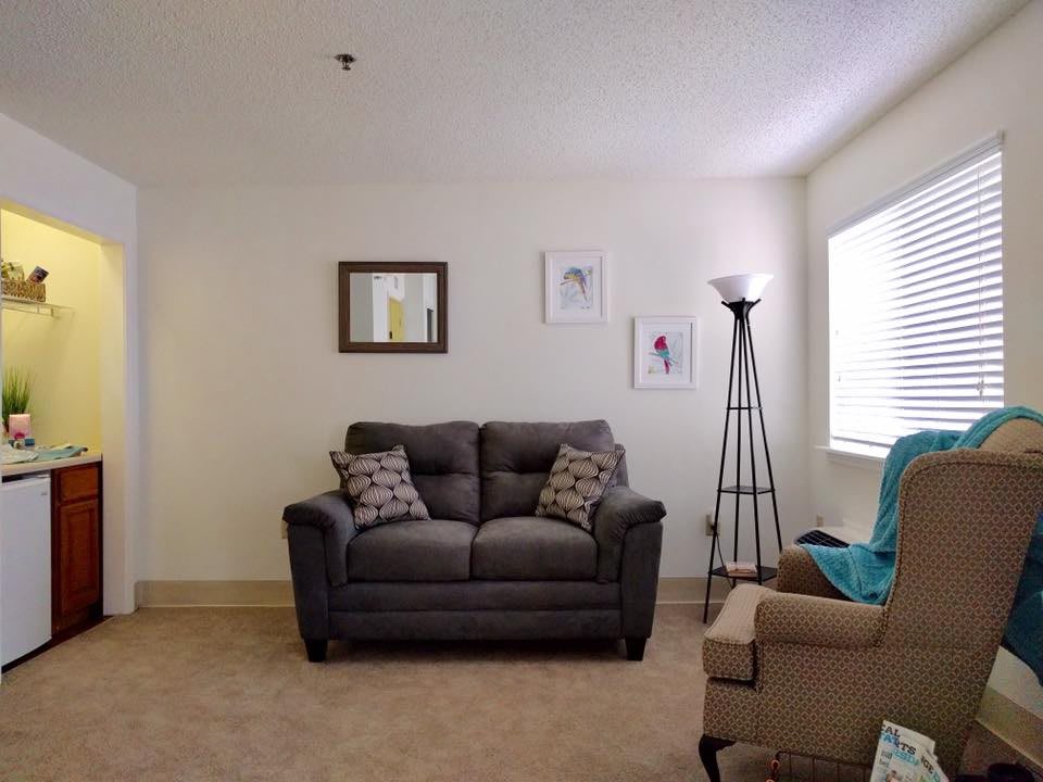 A cozy living room with a sofa, armchair, and decorative elements.