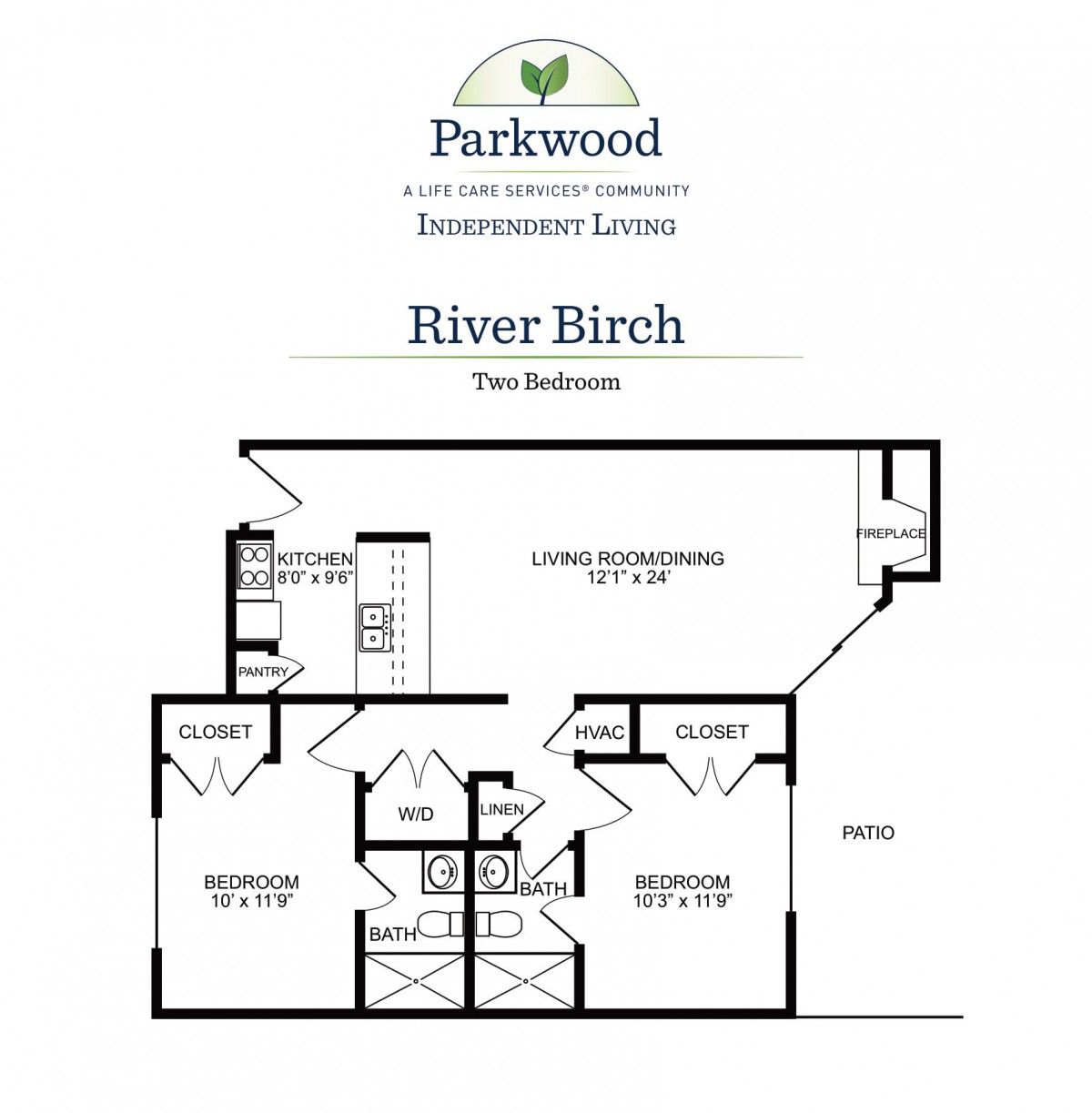 Floor plan of a two-bedroom apartment labeled 'River Birch' from Parkwood Retirement Community.