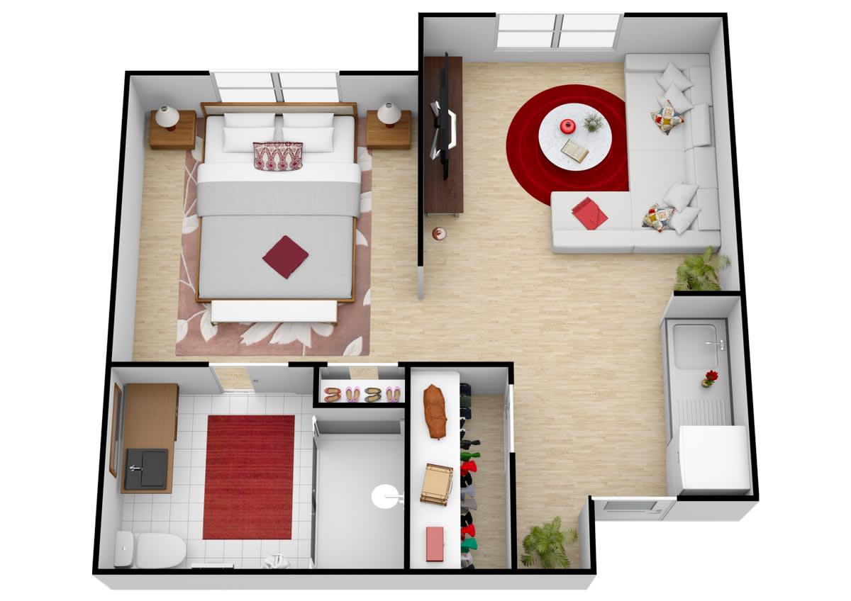 A modern apartment floor plan featuring a bedroom, living room, and kitchen area with stylish interior design.
