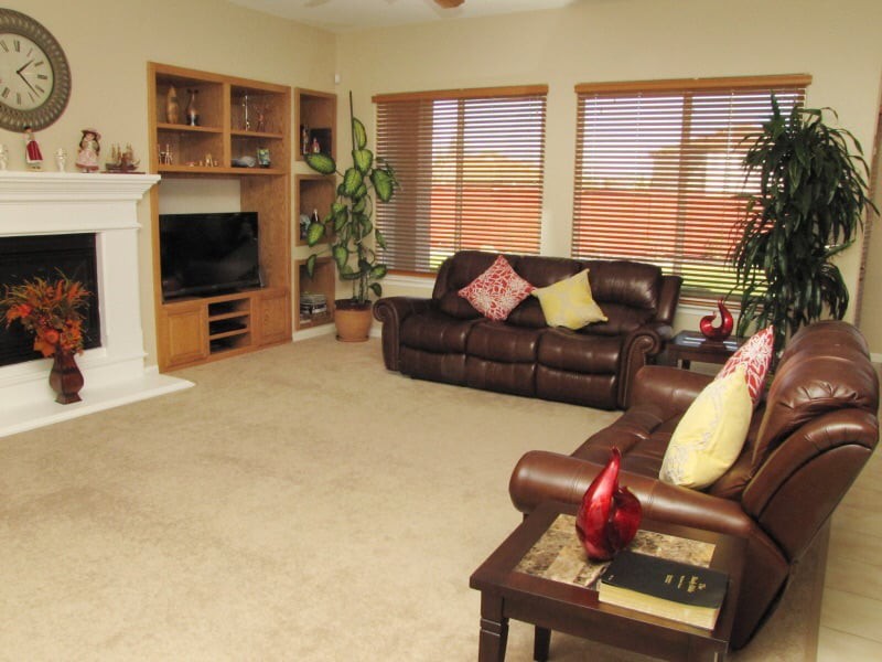 Cozy living room with sofas, a television, and built-in shelves.