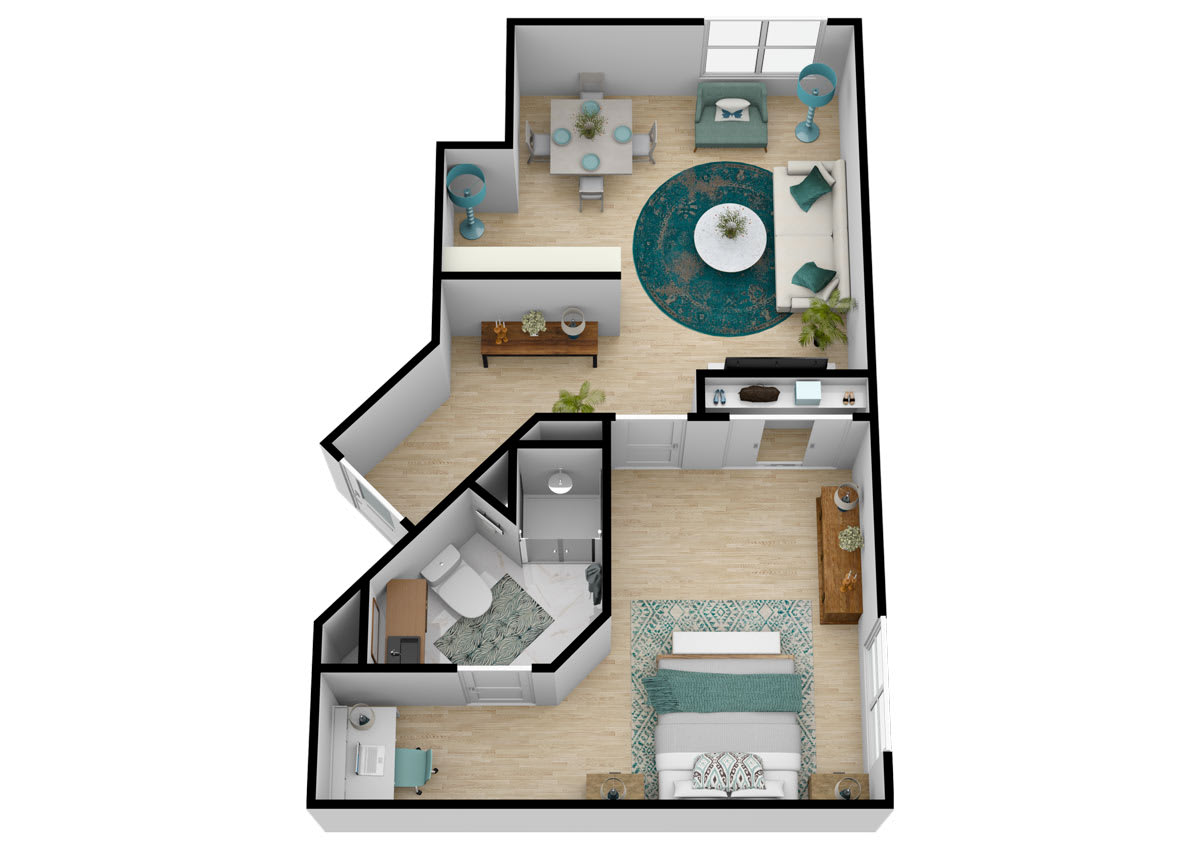 A 3D-rendered floor plan of a modern apartment featuring a bedroom, living room, kitchen, and bathroom.