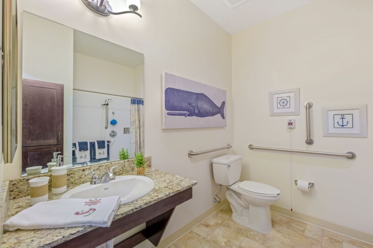 A well-lit bathroom featuring a toilet, sink with a mirror, and whale-themed decor.