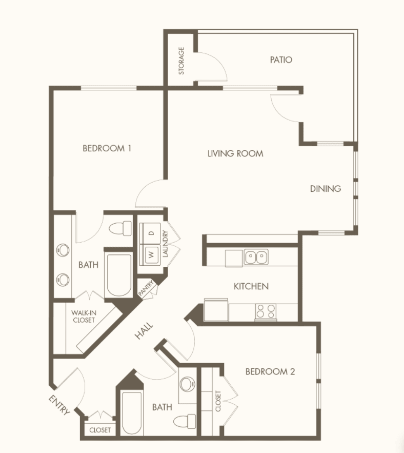 A detailed floor plan of a modern apartment, showcasing the arrangement of rooms and living spaces.
