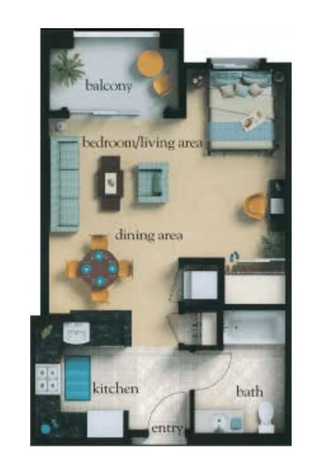 This is a one-bedroom apartment floor plan featuring a combined living and dining area, kitchen, bathroom, and balcony.