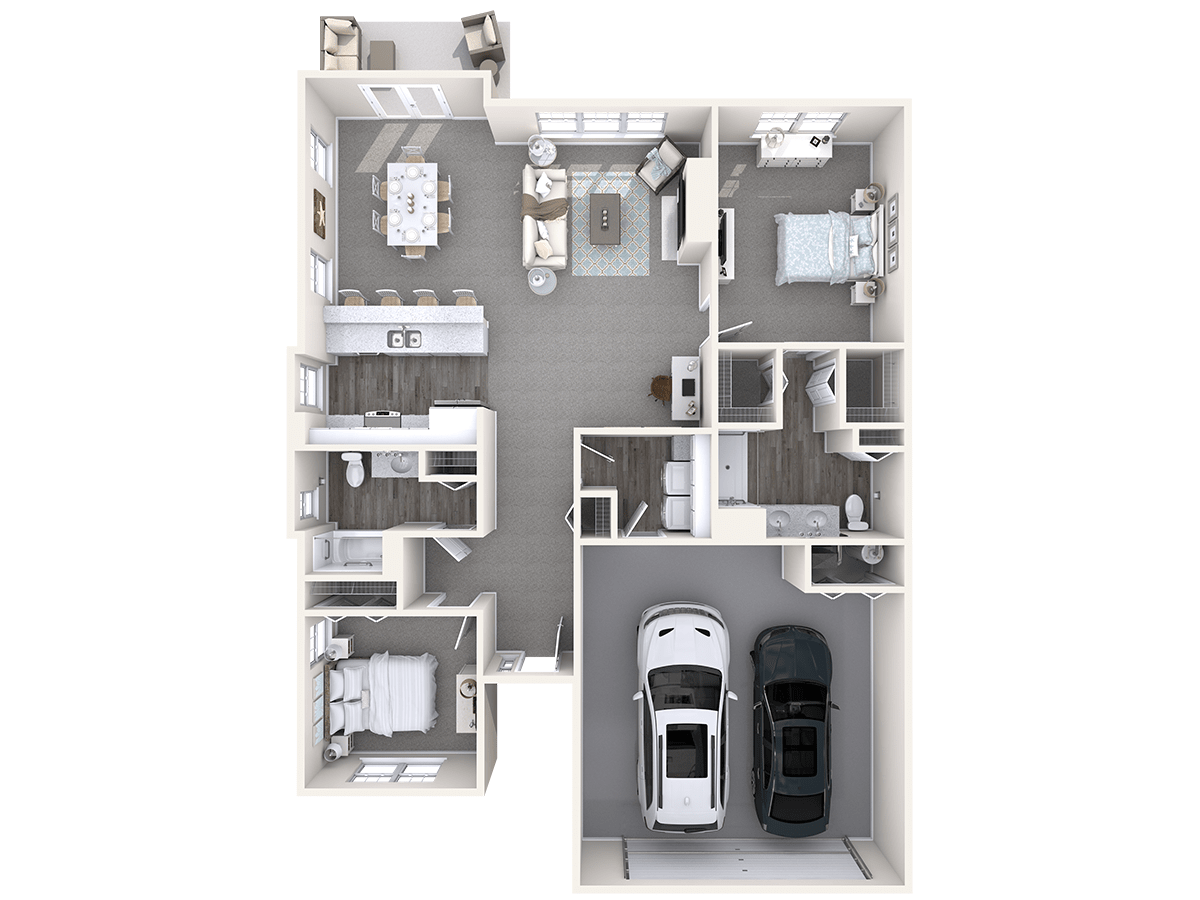 A 3D rendered floor plan of a modern house featuring multiple rooms and a two-car garage.