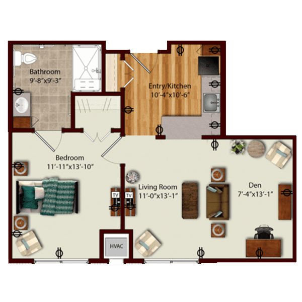 A floor plan of a one-bedroom apartment featuring a kitchen, living room, and bathroom.