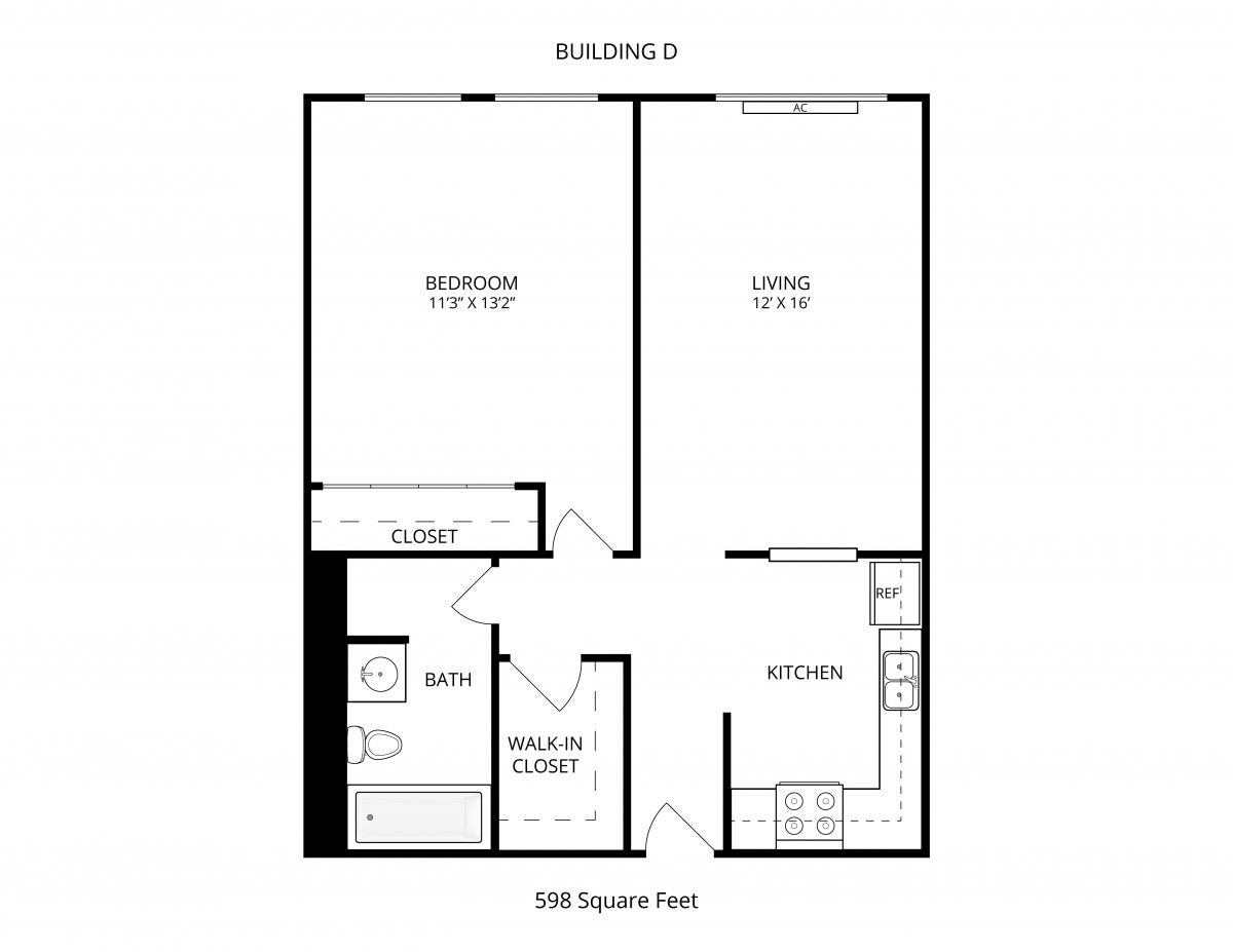 A floor plan of a one-bedroom apartment with a living area, kitchen, bathroom, and closets.