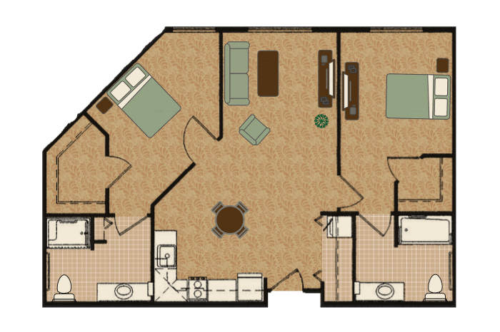 A floor plan layout of a two-bedroom apartment featuring a living room, kitchen, and bathrooms.