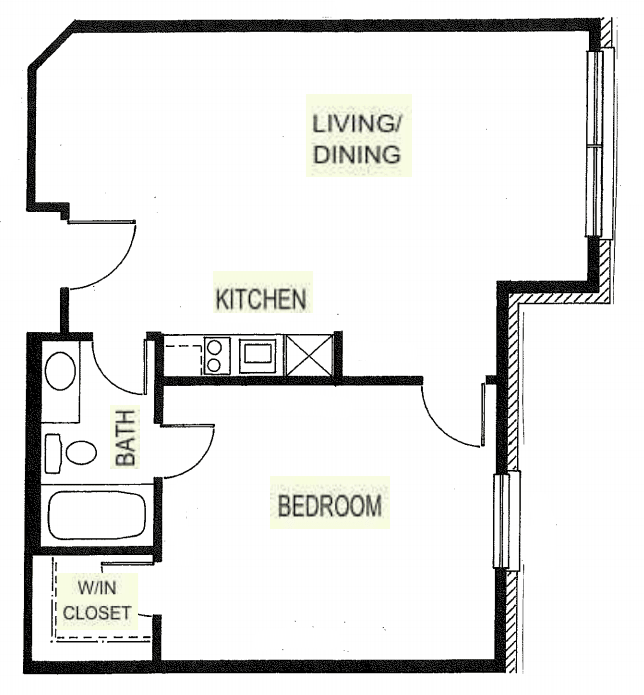 A floor plan of a one-bedroom apartment featuring a living/dining area, kitchen, bathroom, bedroom, and walk-in closet.