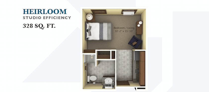 Studio apartment floor plan with a bedroom, bathroom, and living area.