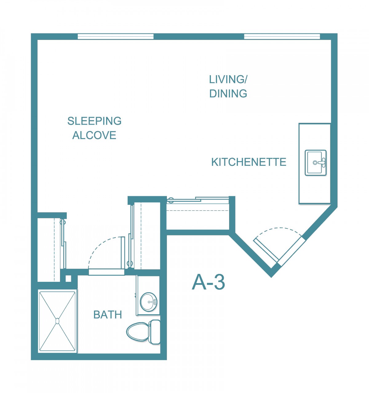 A floor plan layout for a studio apartment with labeled areas for sleeping, living/dining, kitchenette, and bathroom.