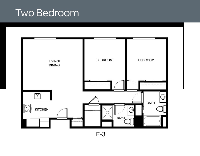 A floor plan of a two-bedroom apartment with labeled rooms and facilities.