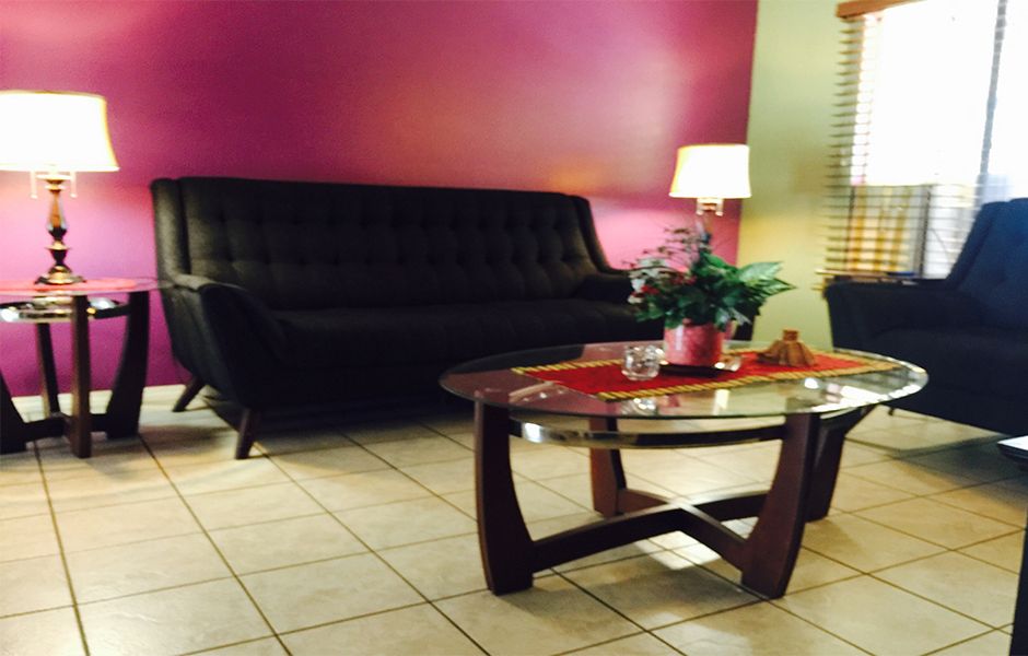 A cozy living room with a black sofa, modern coffee table, and vibrant pink wall.