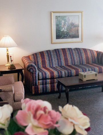 A cozy living room featuring a striped sofa, a side table with a lamp, and a framed painting on the wall.