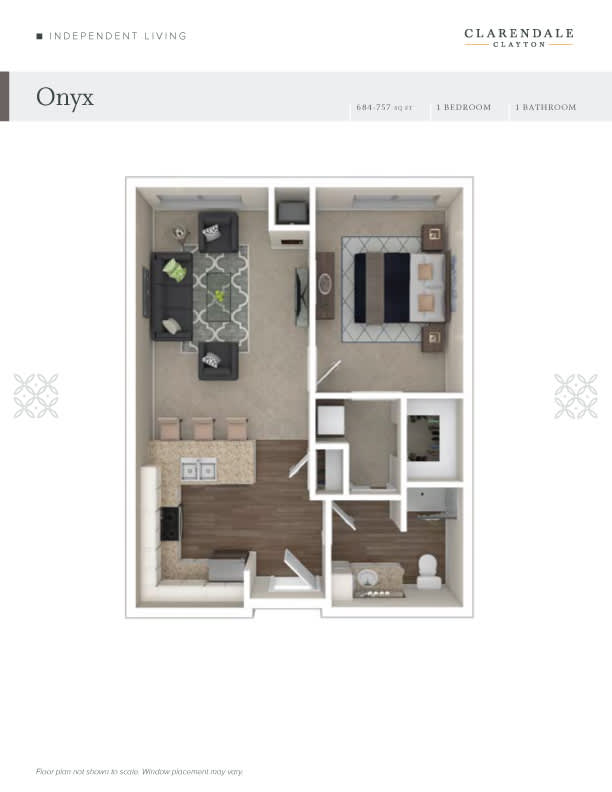 A 3D floor plan of a one-bedroom apartment featuring a kitchen, living room, and bathroom.