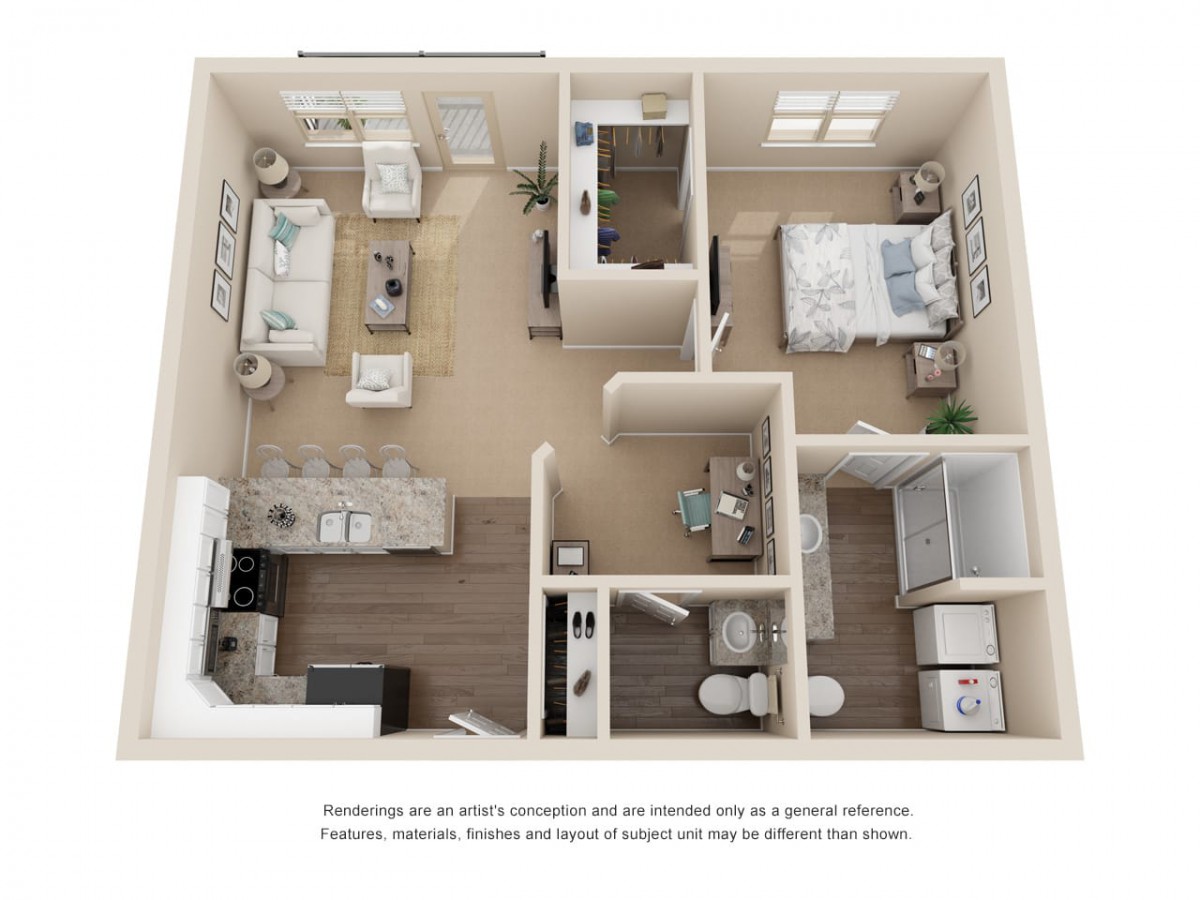 3D floor plan of a modern apartment featuring a kitchen, living room, bedroom, and bathroom.