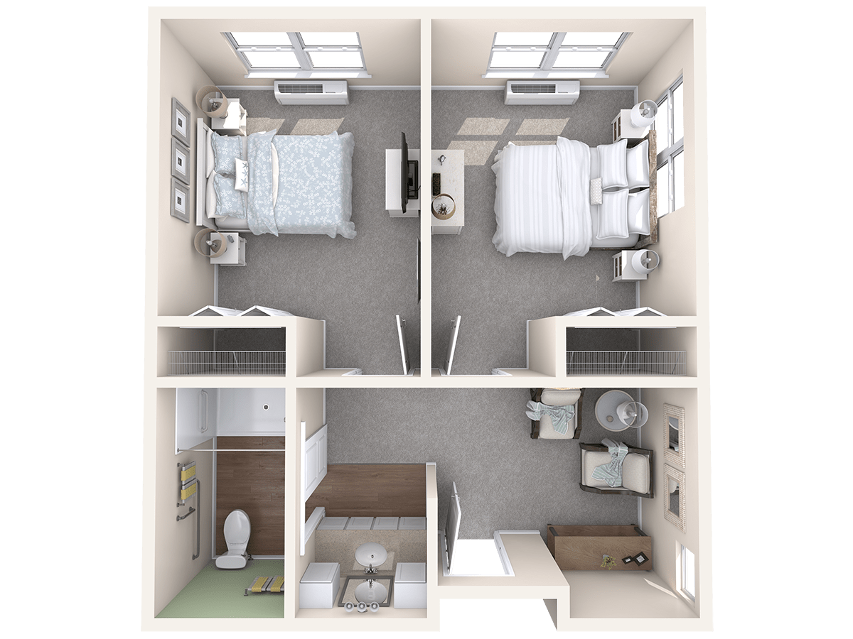 A detailed floor plan showing a two-bedroom apartment with a shared bathroom and kitchen.