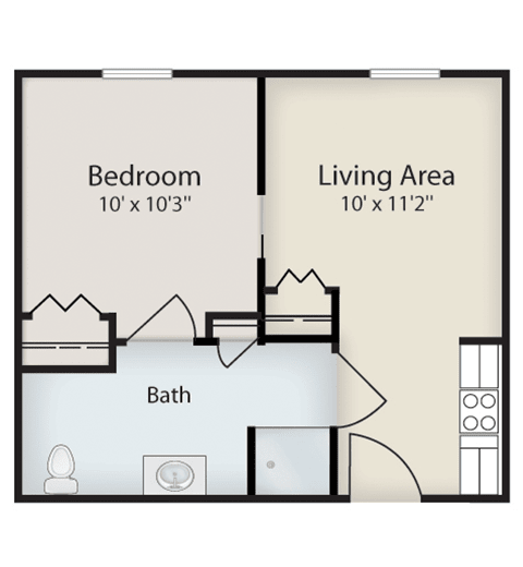 Floor plan of a one-bedroom apartment with a living area and bathroom.