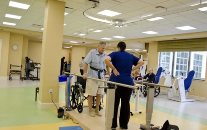 A patient undergoes physical therapy with the assistance of a healthcare professional in a rehabilitation center.