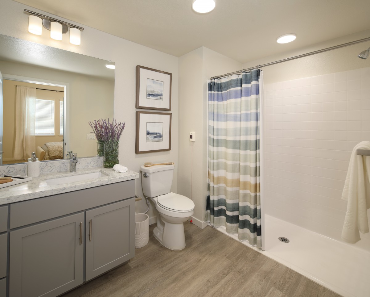 A modern bathroom interior with a shower curtain, sink, and toilet.