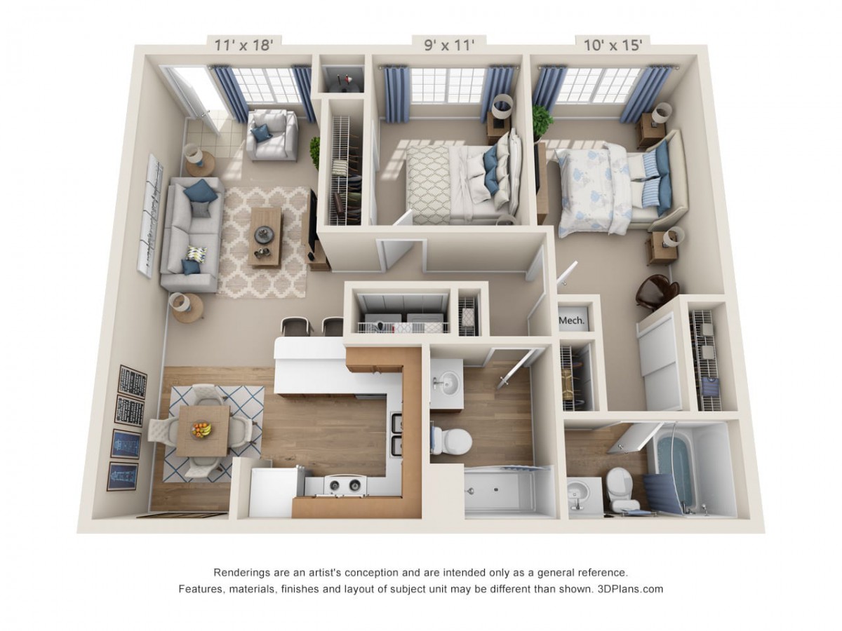 A 3D floor plan of a two-bedroom apartment featuring a living room, kitchen, and bathroom.
