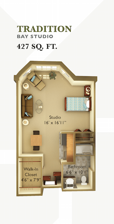 A detailed floor plan of a studio apartment showcasing the furniture arrangement and layout.