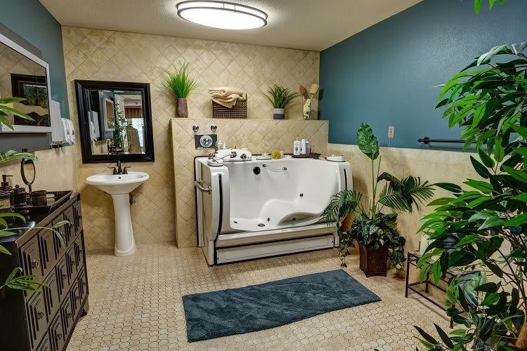 A modern bathroom featuring a walk-in bathtub, surrounded by greenery and elegant decor.