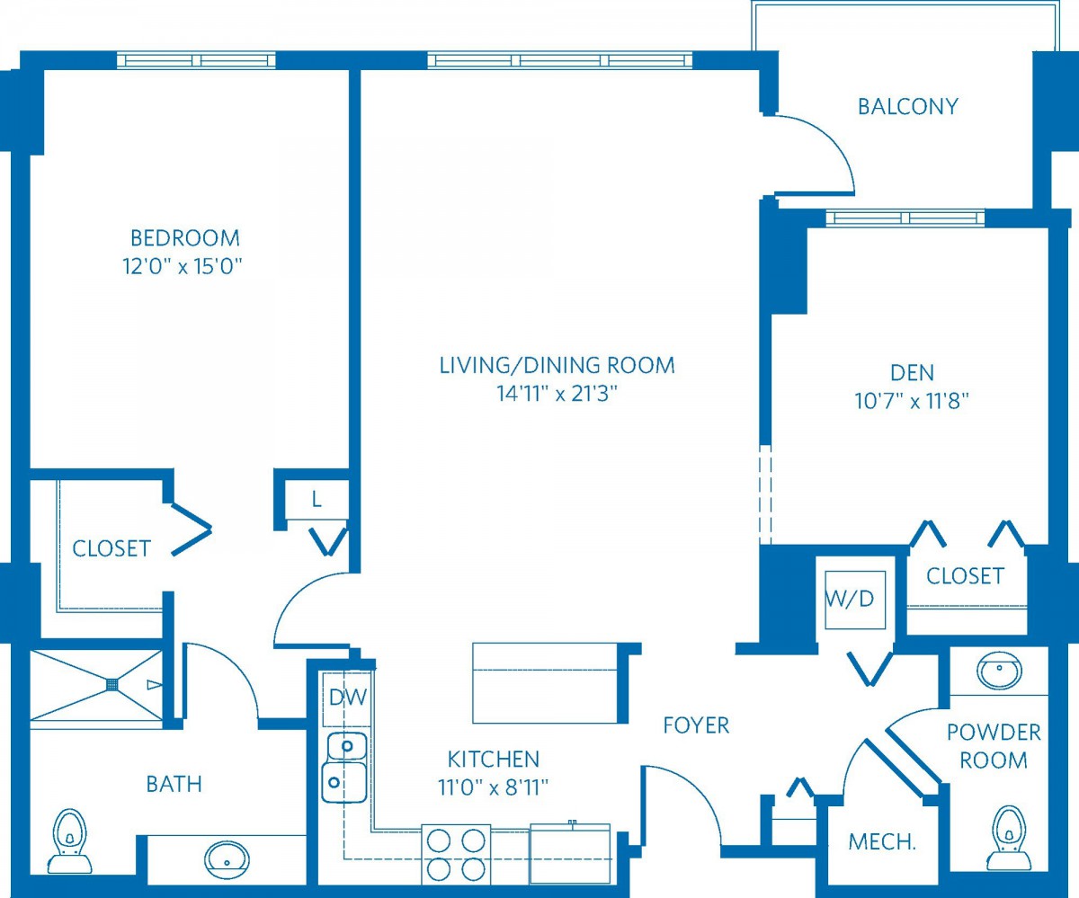 Blueprint of an apartment floor plan with labeled rooms and dimensions.