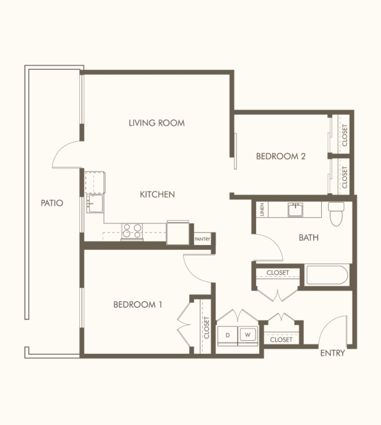 A floor plan of a two-bedroom apartment with a kitchen, living room, and bathroom.