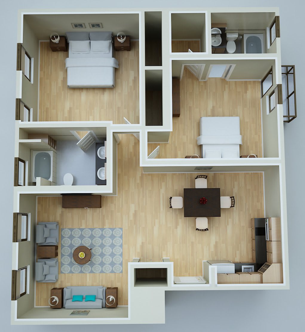 A top view of an apartment floor plan showcasing the layout of rooms and furniture.