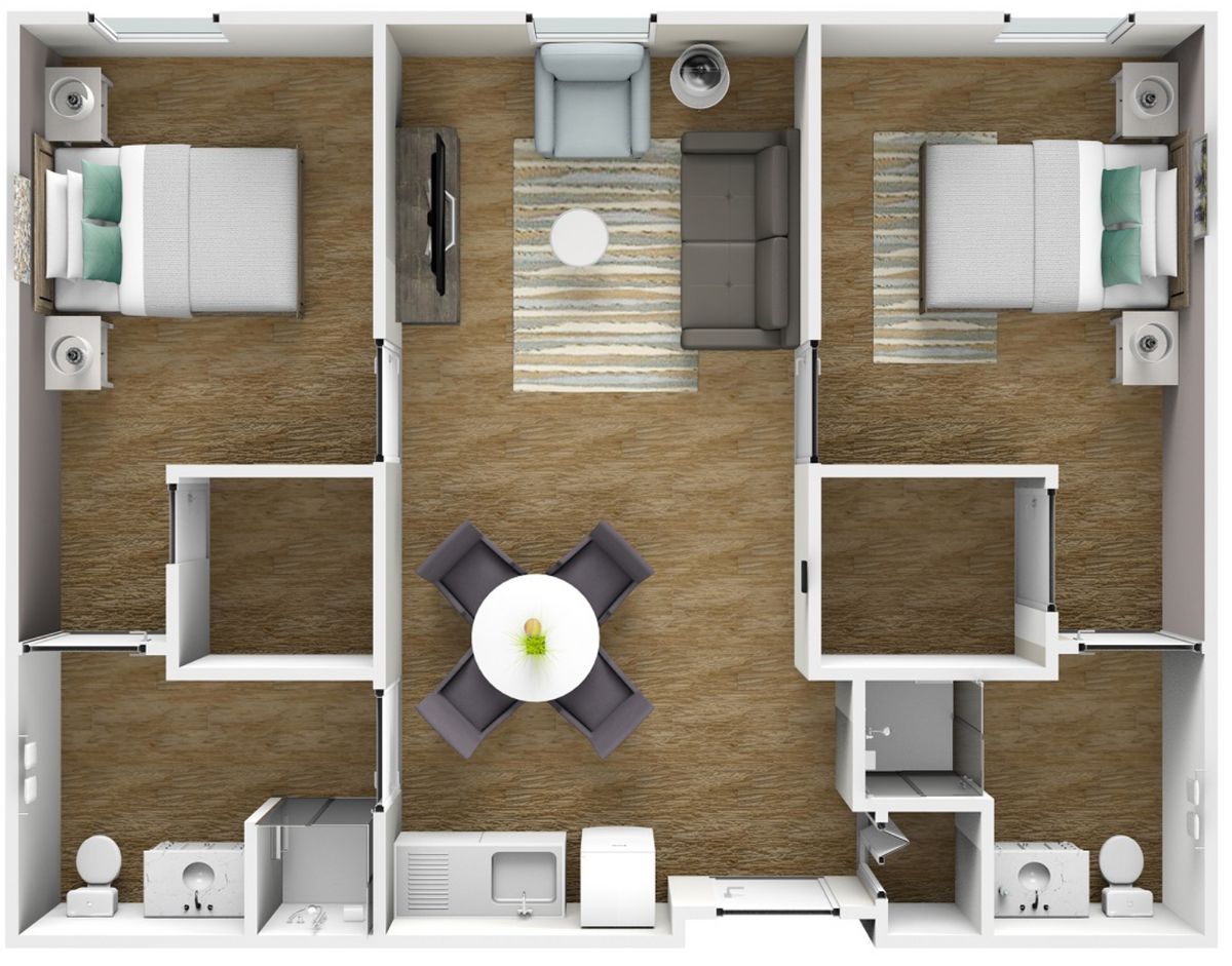 A two-bedroom apartment floor plan featuring a kitchen, living room, dining area, and bathroom.