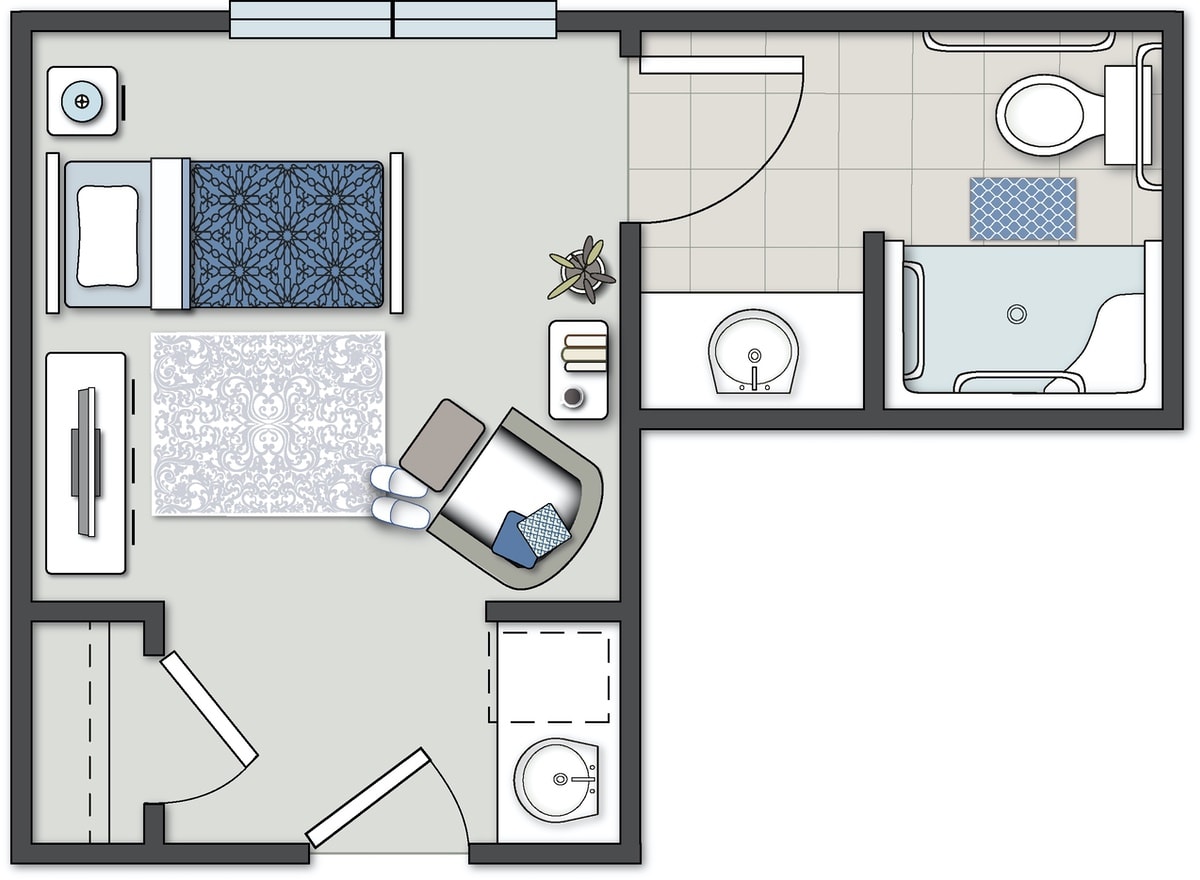 A simple floor plan featuring a bedroom and bathroom layout.