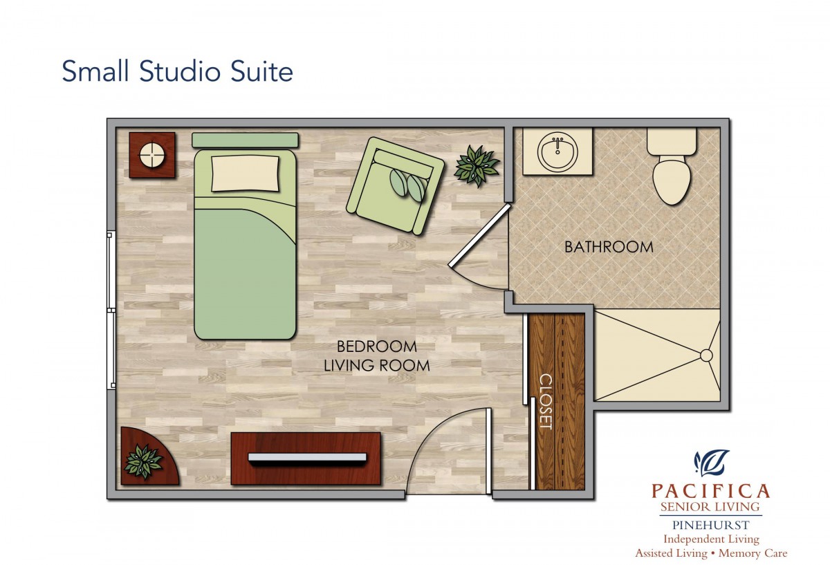 A floor plan of a studio suite featuring a bedroom/living room area and a bathroom.