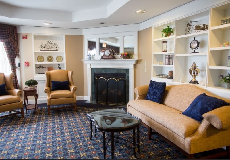 A cozy living room with elegant furnishings, featuring a fireplace, sofa, armchair, and shelves.