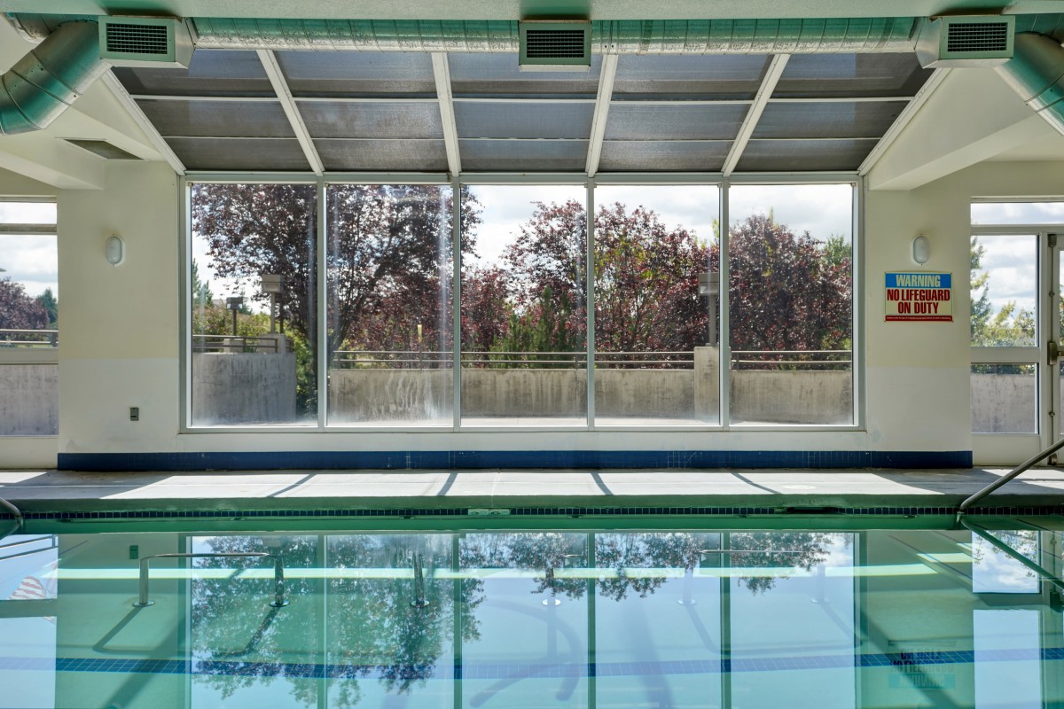 A serene view of an indoor swimming pool with large windows overlooking trees.